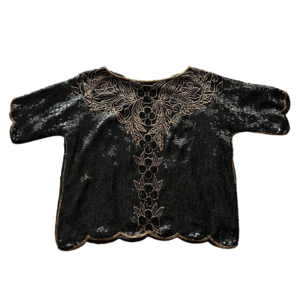 Scala VTG‎ 100% Silk Gold Bugle Beaded Black Sequin Short Sleeve Evening Top M